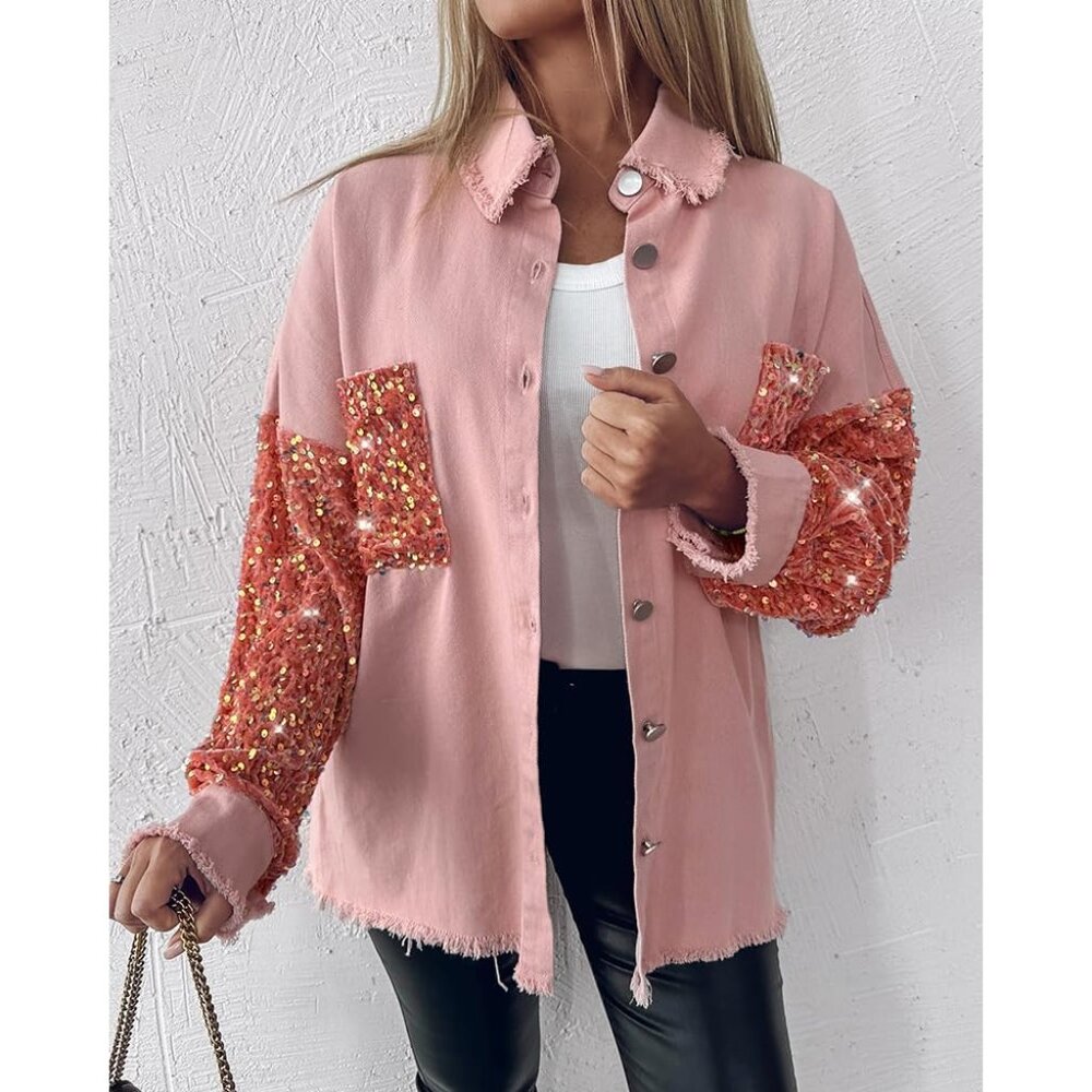 Womens Denim Jacket Sequin Patchwork Long Sleeve … - image 4